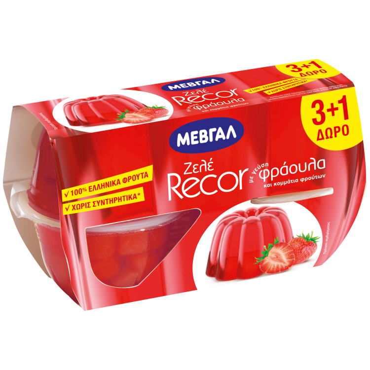 ΜΕΒΓΑΛ ΖΕΛΕ RECOR ΜΕ ΓΕΥΣΗ ΦΡΑΟΥΛΑ  (4x128gr) (3+1 Δώρο)